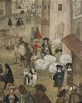 Trade scene in a city (16th c. ). Painting. ITALY