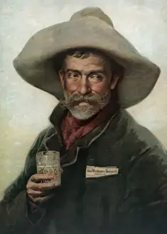 Cow Boy Prints: Tradecard for Wiedemann Beer: old cowboy holding glass of Wi