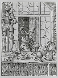 Trades Prints: The trades. The armourer, 16th century. Engraving