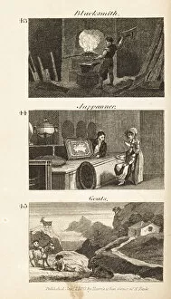 Woodblock Collection: Trades in Regency England: blacksmith, Jappanner and goats