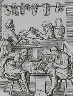 Shoemaker Prints: The trades. The shoemaker, 16th century. Engraving