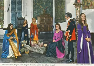 Singers Prints: Traditional Irish Singers with Harpist, Bunratty Castle