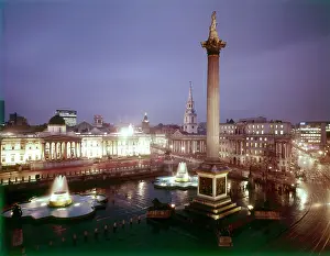Nagele Prints: Trafalgar Square and Nelson's Column at night, Westminster, London Date: circa 1960s