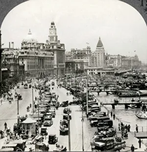Images Dated 12th May 2021: Traffic and boats along the Bund, Shanghai, China, c.1920 Vintage early 20th century