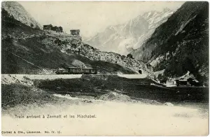 Zermatt Prints: Train arriving at Zermatt, Switzerland and Mischabel massif