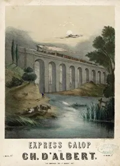 Train crossing a viaduct in the twilight