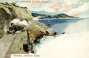 Genoa Prints: Train on the Genoa to Nizza railway, Italian Riviera