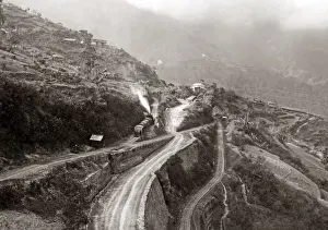 Train at Giabaree railway reversing station, near Darjeeling, India, circa 1890s