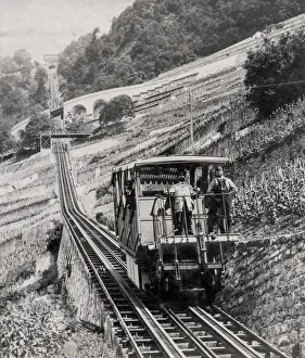 Lucerne Prints: Train on the Rigi funicular railway, Lake Lucerne, Switzerla