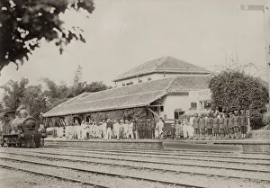 Barn Prints: Train station with steam engine, India, c. 1880s