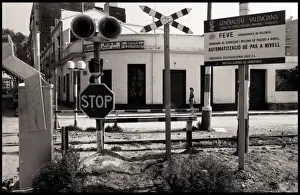 Tram lines street furniture signs, Valencia, Spain