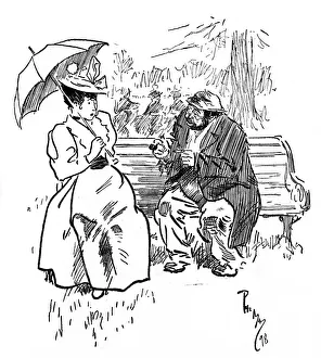 Aghast Gallery: Tramp asks a horrified lady for a hairpin to clean his pipe