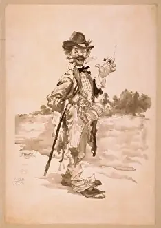 Cane Prints: Tramp smoking cigar with cane over arm