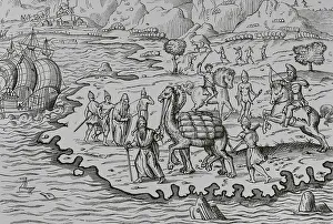 Moyen Age Prints: Transport of goods by camel for loading onto ships
