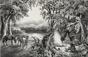 Trappers Prints: The trappers camp-fire. A friendly visitor