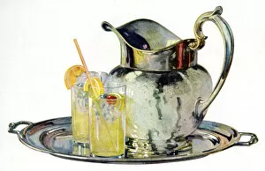 Tray with lemonade jug and two glasses