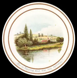 Trees, water and church on a Christmas card