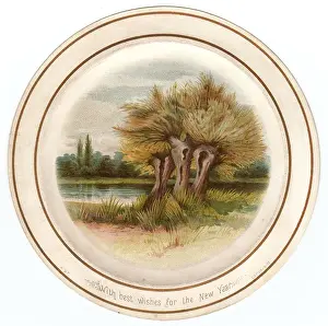 Trees by the waterside on a circular New Year card