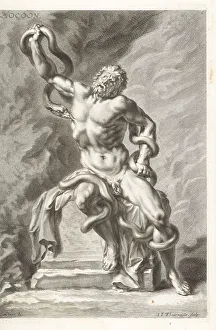 17th Century Prints: Trojan priest Laocoon battling serpents