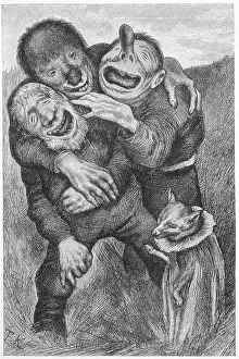Trolls Prints: Three trolls laughing at a fox dressed up as a priest ! Date: 1887