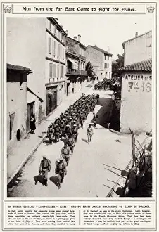 Annam Prints: Troops from Annam marching to a camp in France 1916
