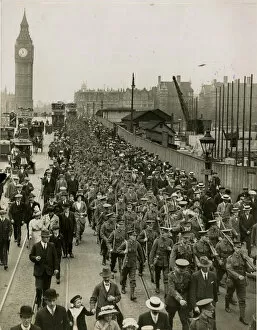 Troops crossing Westminster Bridge, London, WW1