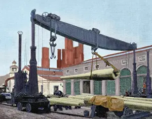 Asturian Prints: Trubia factory. Transporting the guns destined to battleship
