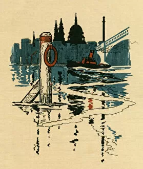 1921 Collection: A tug boat passes under Southwark Bridge, London