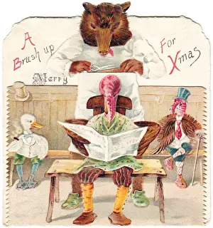 Hairdresser Prints: Two turkeys and a goose on a Christmas card
