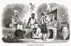 Images Dated 5th May 2021: Turkish man making coffee on the hearth in small cups. Date: 1866