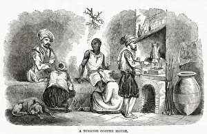 Images Dated 5th May 2021: Turkish man making coffee on the hearth in small cups. Date: 1866