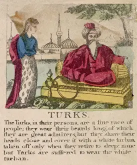 Turkish man smoking a hookah, with a woman serving coffee Date: circa 1830