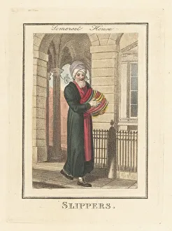 Turkish slipper seller in front of Somerset House, London, 1805