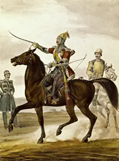 Turkish soldier on horseback. Litography