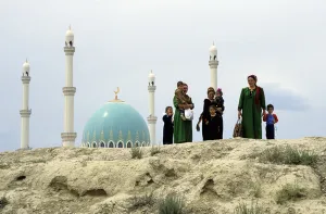 Nomads Prints: Turkmen women and children in traditional clothes