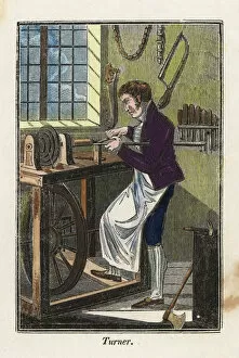 Treadle Gallery: A turner in apron using a foot-powered treadle