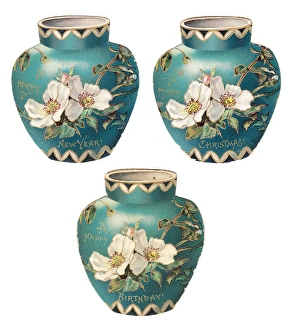 Victorian and Edwardian Christmas Cards Gallery: Turquoise pots with white flowers on three cutout cards