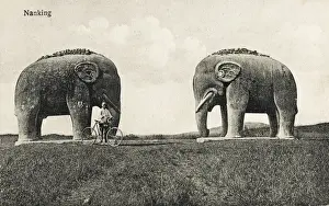 Nanking Prints: Twin Elephant statues at Nanjing, China