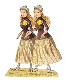 Twin girls on a Victorian Christmas scrap