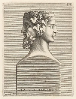 Grapes Prints: Two-faced bust of Bacchus, Roman god of wine and grapes