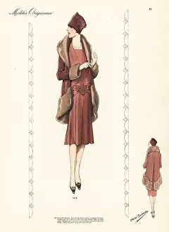 Two-piece ensemble: jacket of brown velvet with fur trim, chestn