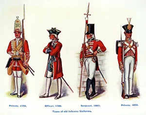 1750 Prints: Four types of old Infantry Uniforms, 1750-1835