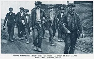 Miners Prints: Typical Lancashire miners going on strike: A group of men leaving work until further
