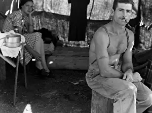 Oregon Prints: Unemployed lumber worker goes with his wife to the bean harv