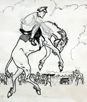 Bucking Prints: Unfinished cartoon sketch of bucking horse and rider