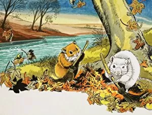 Images Dated 25th May 2007: Unidentified scene of mice sweeping autumn leaves