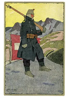 Warmth Prints: A uniformed & armed Swiss soldier stands on guard