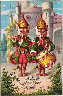 Woodwind Prints: Two uniformed foxes on a New Year card