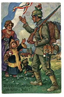 Uniformed Germarn soldier with rifle waving goodbye