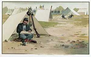 Union soldier making a drawing while sitting in front of ten